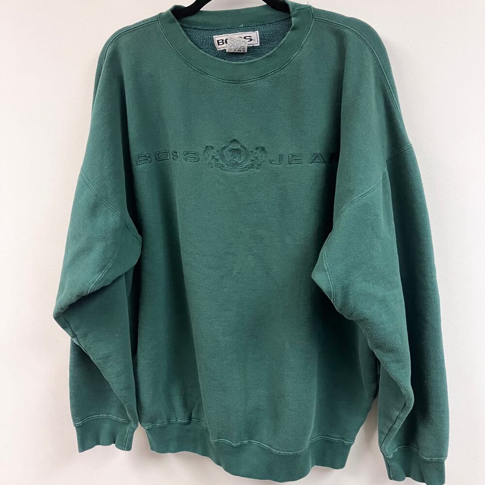Vintage Men's XL Boss by Hugo Boss forest green embroidered crew neck sweatshirt